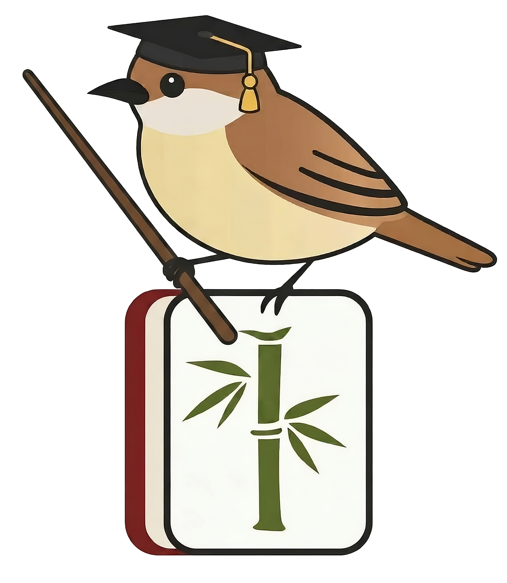 Bird Bam Mahjong Club teaching bird logo standing on a bamboo tile
